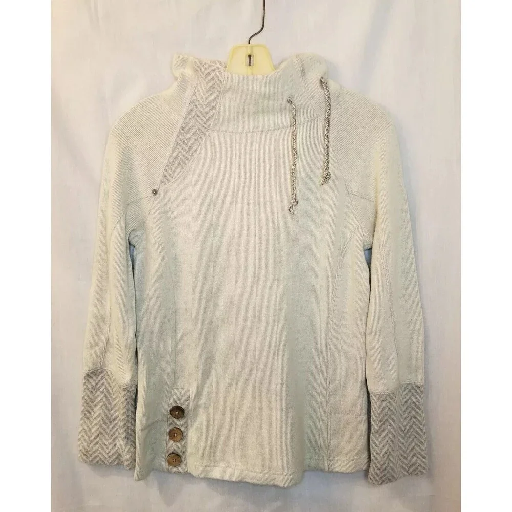 PrAna Lucia Sweater Womens XS Gray Wool Knit Pullover Buttons Cinch Funnel Neck